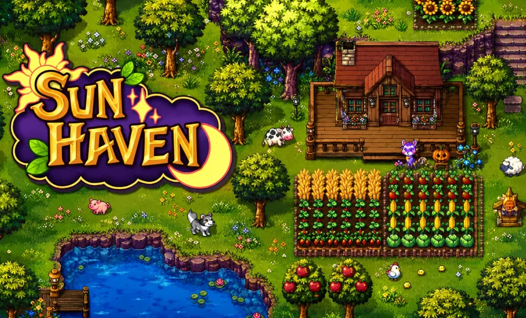 Sun Haven Switch NSP gameplay showing a farmhouse, crops, farm animals, and lush pixel art landscape on Nintendo Switch.