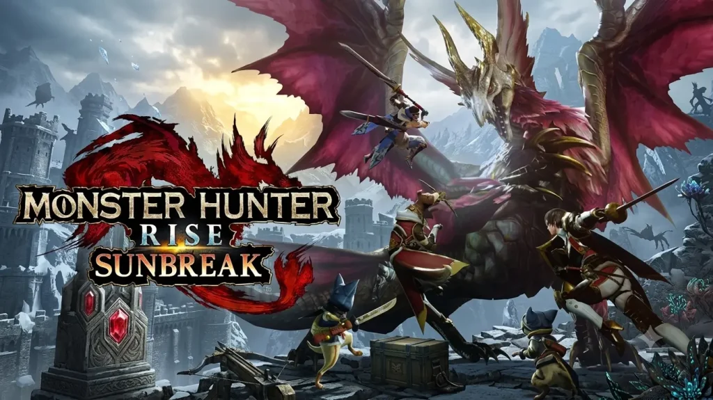 MONSTER HUNTER RISE SUNBREAK Switch NSP XCI artwork featuring hunters battling the Elder Dragon Malzeno in a medieval fortress.