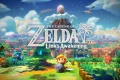 Link holding Hylian shield and sword on Koholint Island with Mt. Tamaranch Wind Fish Egg in background, featuring The Legend of Zelda Link's Awakening logo.