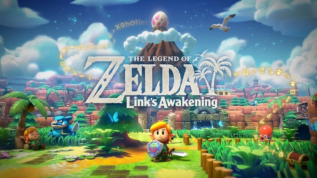 Link holding Hylian shield and sword on Koholint Island with Mt. Tamaranch Wind Fish Egg in background, featuring The Legend of Zelda Link's Awakening logo.