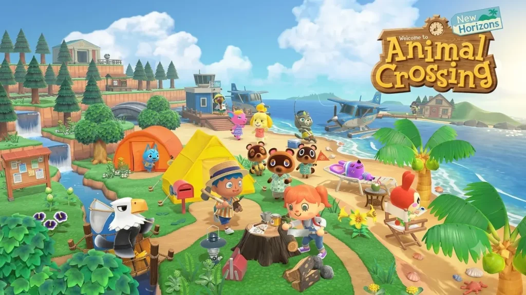 Animal Crossing New Horizons Switch NSP ROM artwork featuring island villagers, Tom Nook, Isabelle, airport, beach, tents, and tropical scenery.
