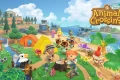 Animal Crossing New Horizons Switch NSP ROM artwork featuring island villagers, Tom Nook, Isabelle, airport, beach, tents, and tropical scenery.