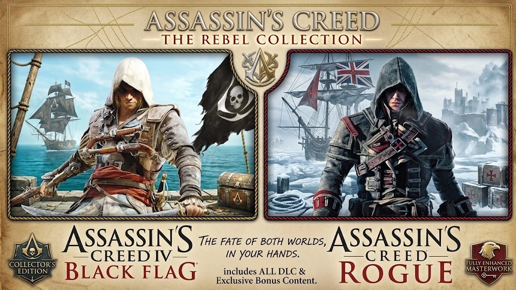 Assassin's Creed The Rebel Collection promotional banner showcasing Edward Kenway from Black Flag and Shay Patrick Cormac from Rogue with ships and pirate themes.