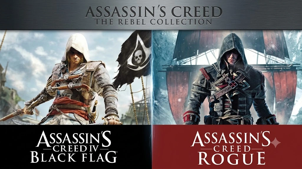 Assassin's Creed The Rebel Collection Switch NSP XCI artwork featuring Edward Kenway from Black Flag and Shay Cormac from Rogue.