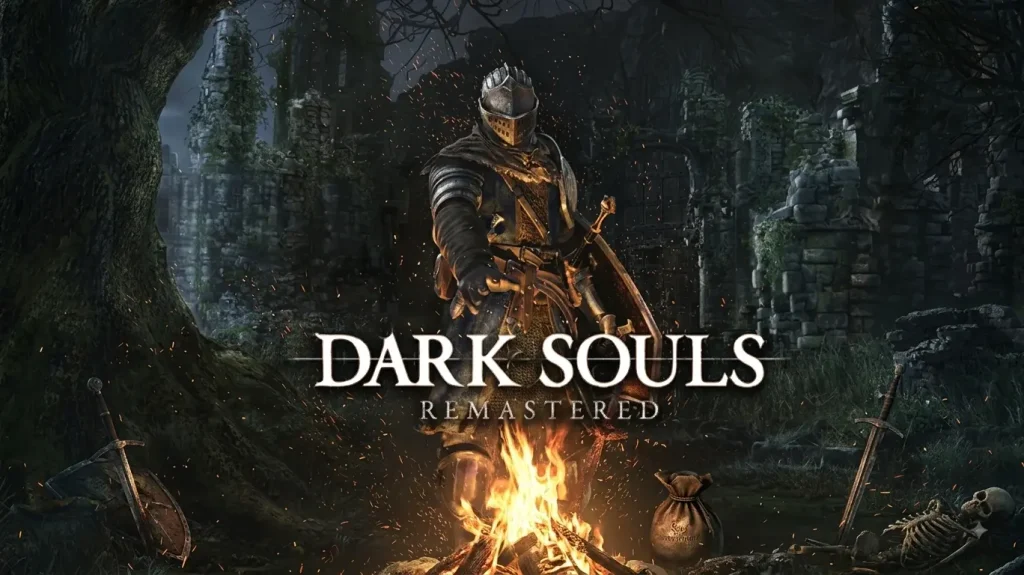 DARK SOULS REMASTERED knight standing beside a bonfire in a dark fantasy world