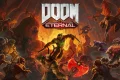 DOOM Eternal key art displaying the Doom Slayer wielding the Crucible blade against hordes of demons and a Marauder on Earth.