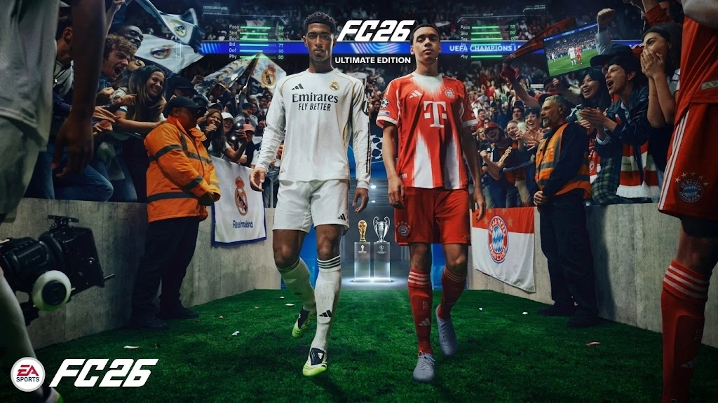 EA SPORTS FC 26 Ultimate Edition official cover featuring Jude Bellingham in Real Madrid kit and Jamal Musiala in Bayern Munich kit walking through the stadium tunnel.