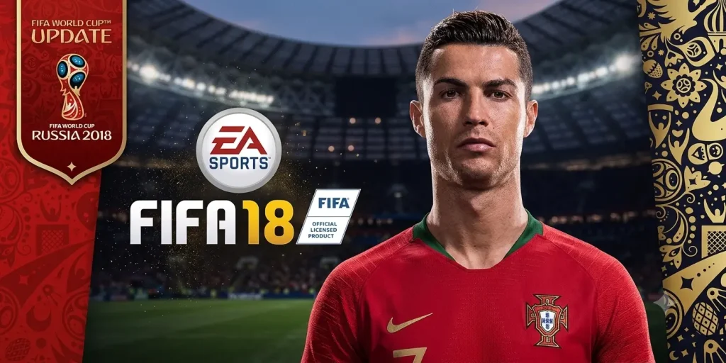 FIFA 18 Switch NSP official cover artwork featuring Cristiano Ronaldo in Portugal's national team jersey inside a football stadium.