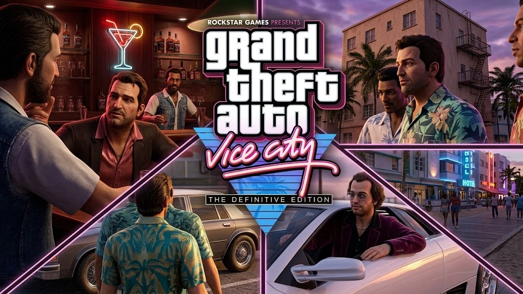 Grand Theft Auto Vice City The Definitive Edition title artwork featuring Tommy Vercetti and Vice City graphics