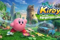Kirby walking through a grassy overgrown city beside a rusted blue car and Waddle Dees with Kirby and the Forgotten Land logo.