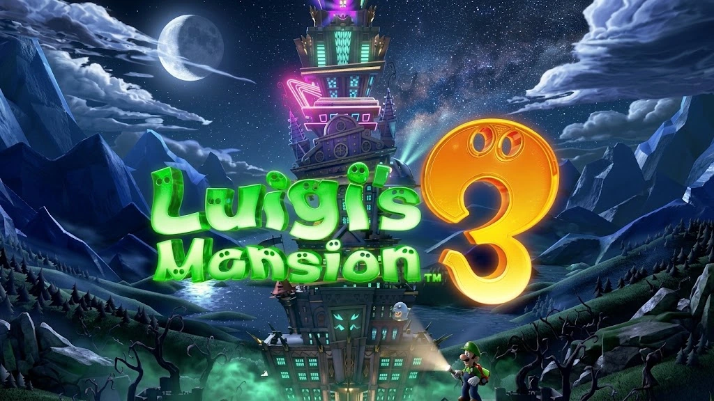 Luigi’s Mansion 3 Switch NSP XCI featuring Luigi and the haunted hotel at night