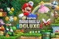 New Super Mario Bros U Deluxe logo featuring Mario, Luigi riding Yoshi, Princess Peach floating with a parasol, Nabbit, and classic enemies.