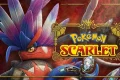 Pokémon Scarlet logo with Legendary Pokémon Koraidon in an ancient metallic frame.