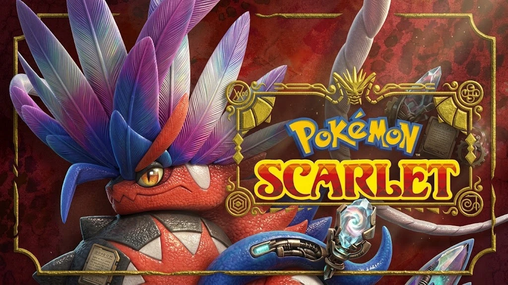 Pokémon Scarlet logo with Legendary Pokémon Koraidon in an ancient metallic frame.