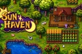 Sun Haven Switch NSP gameplay showing a farmhouse, crops, farm animals, and lush pixel art landscape on Nintendo Switch.
