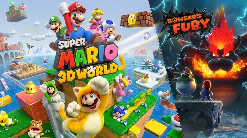 Super Mario 3D World featuring Cat Mario and Luigi alongside Fury Bowser key artwork