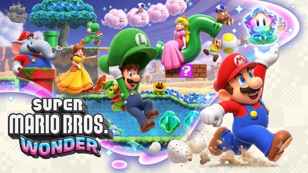 Super Mario Bros. Wonder Switch NSP XCI artwork featuring Mario, Luigi, Princess Peach, Princess Daisy, Yoshi, Elephant Mario, and the Wonder Flower.
