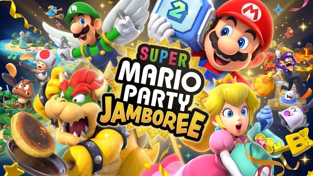 Official promo key art for Super Mario Party Jamboree featuring Mario, Luigi, Bowser, Peach, and iconic Mario characters around a giant dice block.